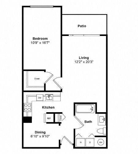 Floor plan for 1 bed, 1 bath, 844 sqft